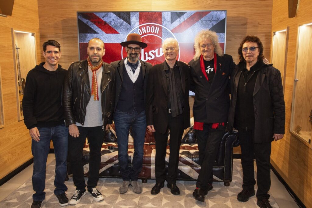 Nat Zilkha, Mark Agnesi and Cesar Gueikian of Gibson with Jimmy Page, Sir Brian May and Tony Iommi ©Dave Hogan