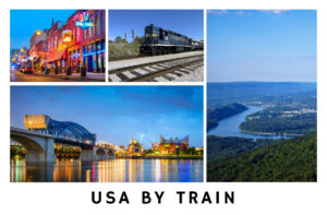 Postcard showing USA train images and scenic cities, countryside